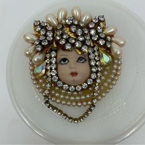 Vintage Betty Asch flapper girl face pearl and Crystal Brooch